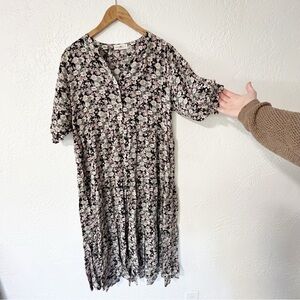 NATURAL LIFE Tiered Floral Midi Dress Pockets Size Large Black/Green